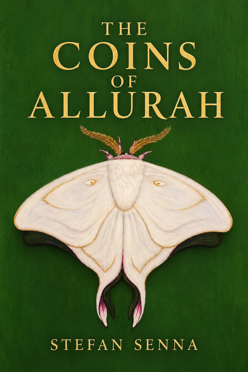 The Coins of Allurah book cover with white moth against a green background