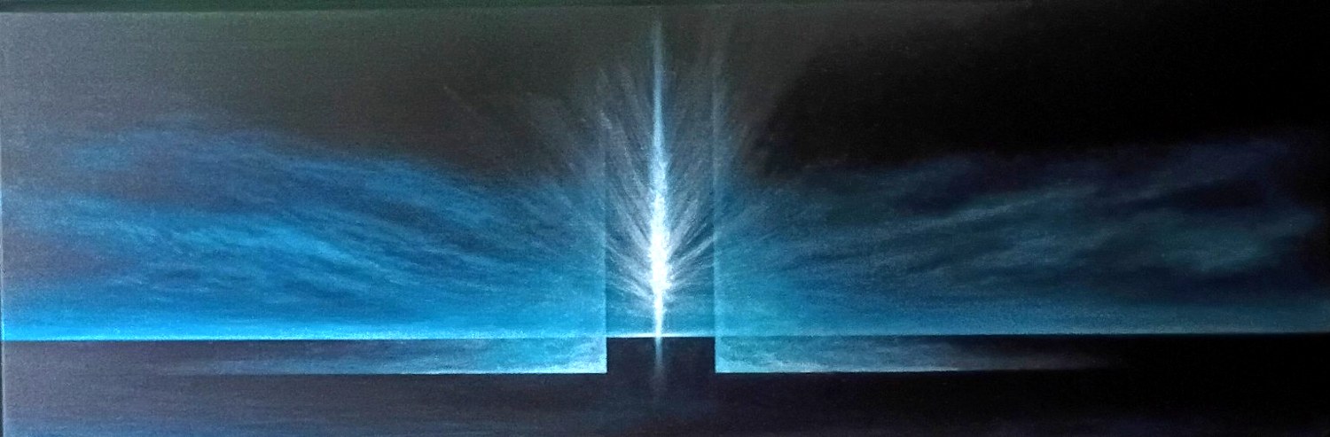 Wide atmospheric blue original painting with a vertical shaft of light