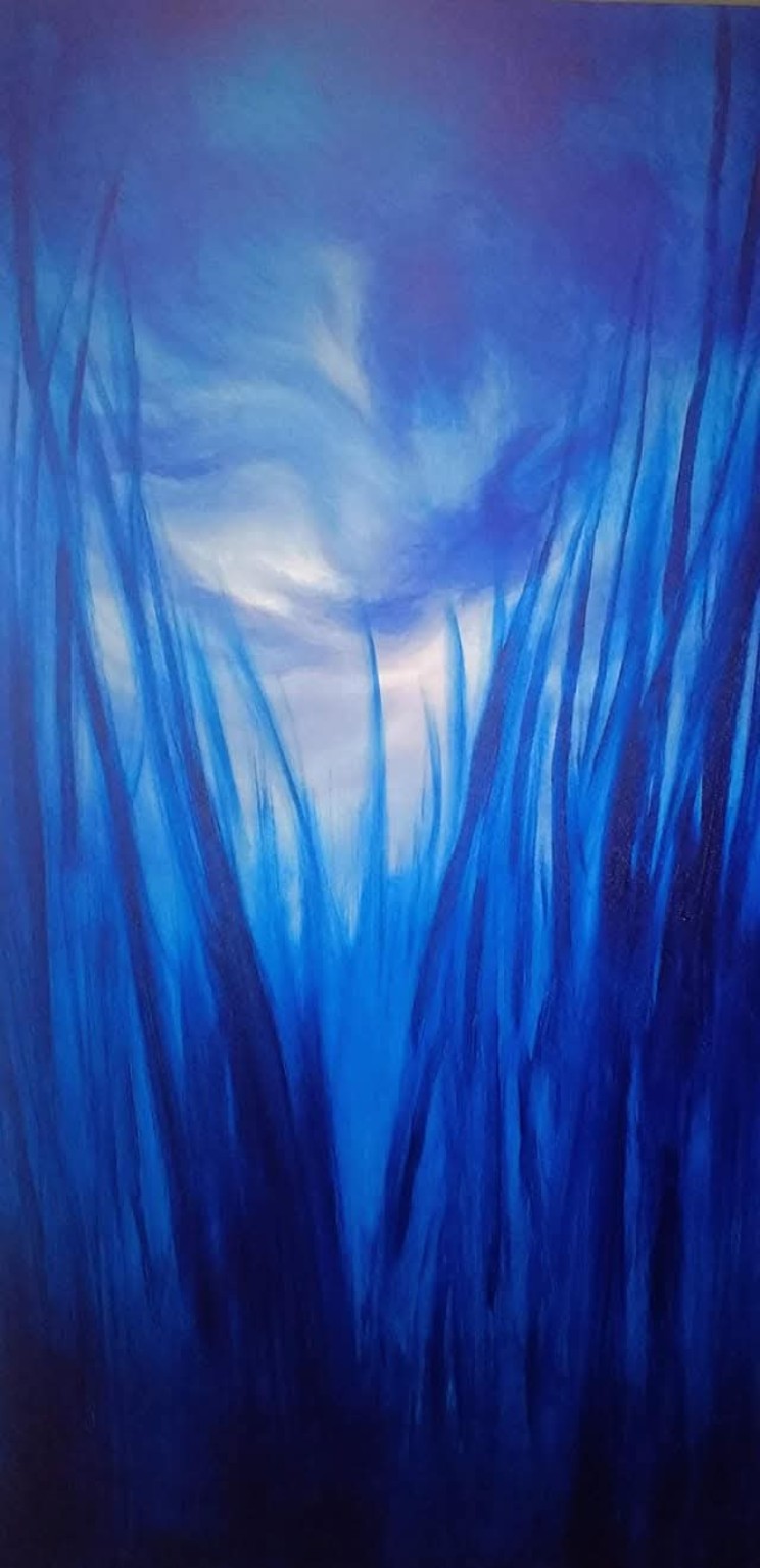 The Meadow, an original blue painting of tall grasses surrounding a luminous opening