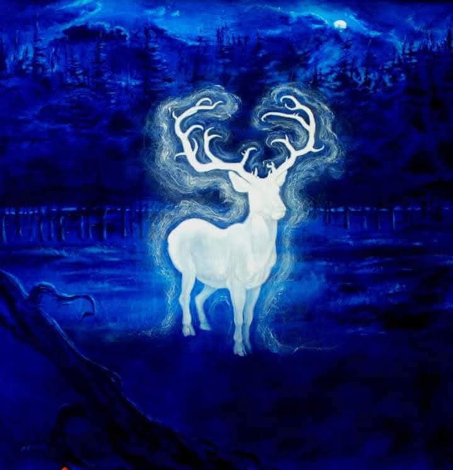 Original blue painting of a luminous white stag